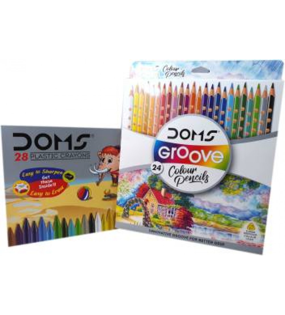 DOMS Majestic Basket 24 Groove Colour Pencils Alongwith 28 Shades of Plastic Crayons Colour