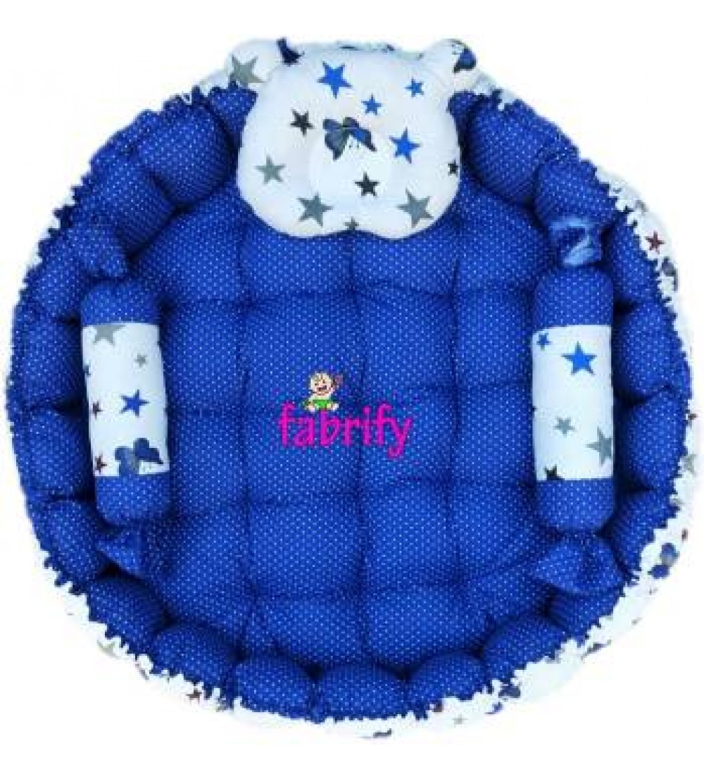 Fabrify Baby reversible round bedding tub set cum mattress with 3 multi-shape pillows for newborns to toddlers Cotton Bedding Set  (Blue)