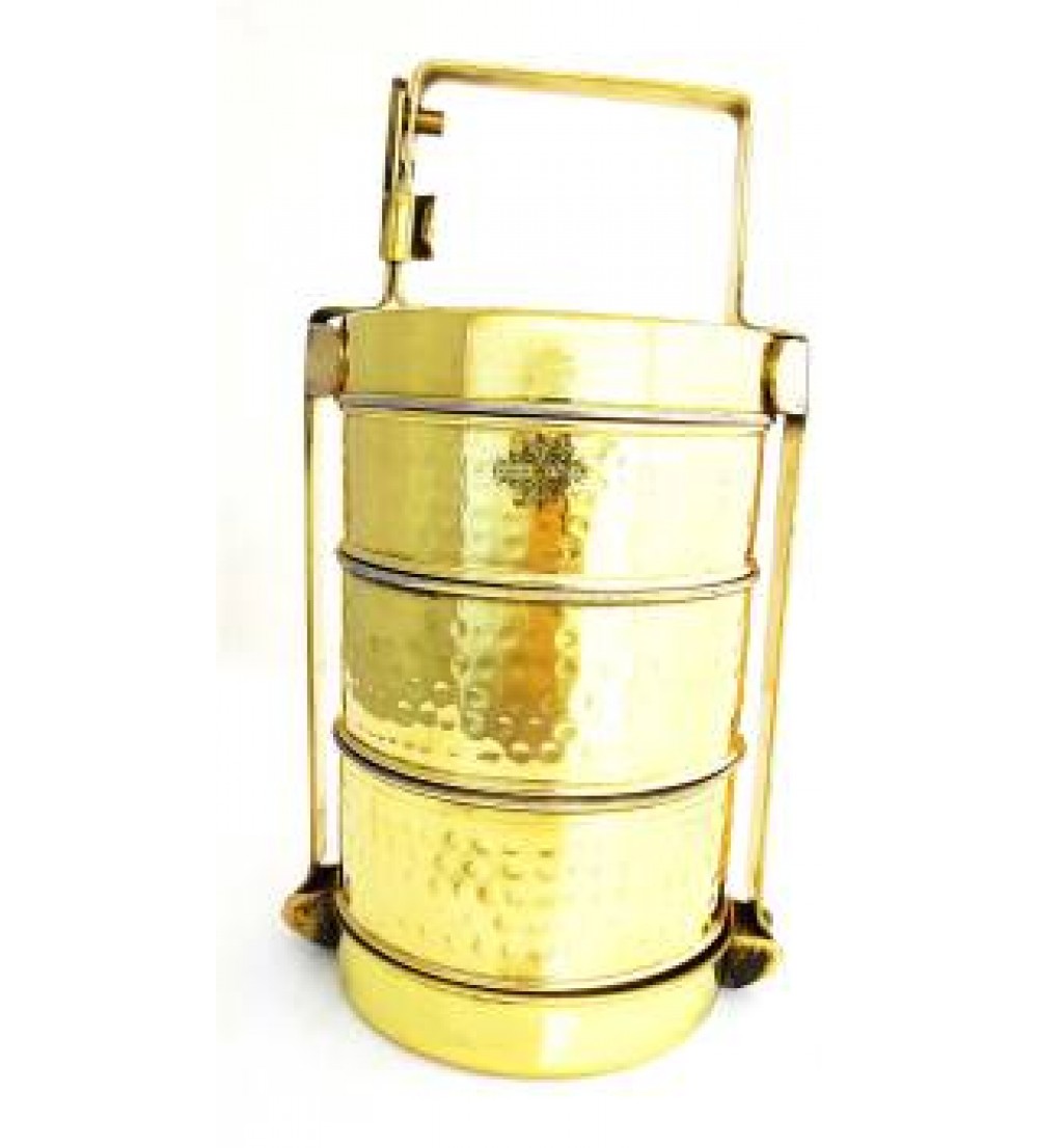 IndianArtVilla Handmade Brass Tier With Tin Lining Three Compartments Office Tiffin Lunch Box , Volum 2400 ML, Height 11 Inch ,Gold 3 Containers Lunch Box  (2400 ml)