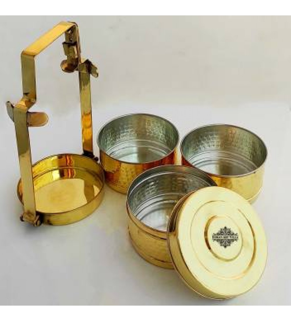 IndianArtVilla Handmade Brass Tier With Tin Lining Three Compartments Office Tiffin Lunch Box , Volum 2400 ML, Height 11 Inch ,Gold 3 Containers Lunch Box  (2400 ml)