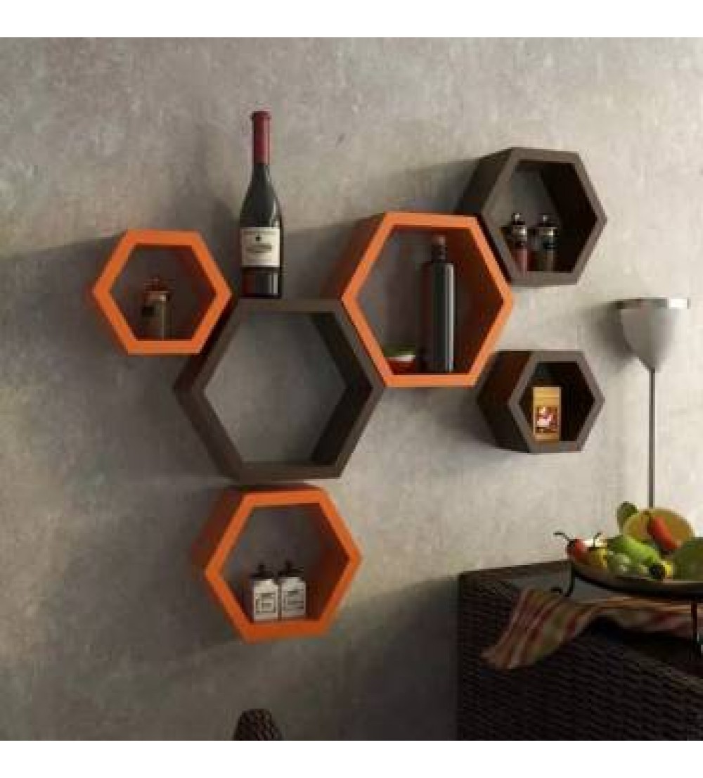 Onlineshoppee Hexagonal MDF (Medium Density Fiber) Wall Shelf  (Number of Shelves - 6, Brown, Orange)
