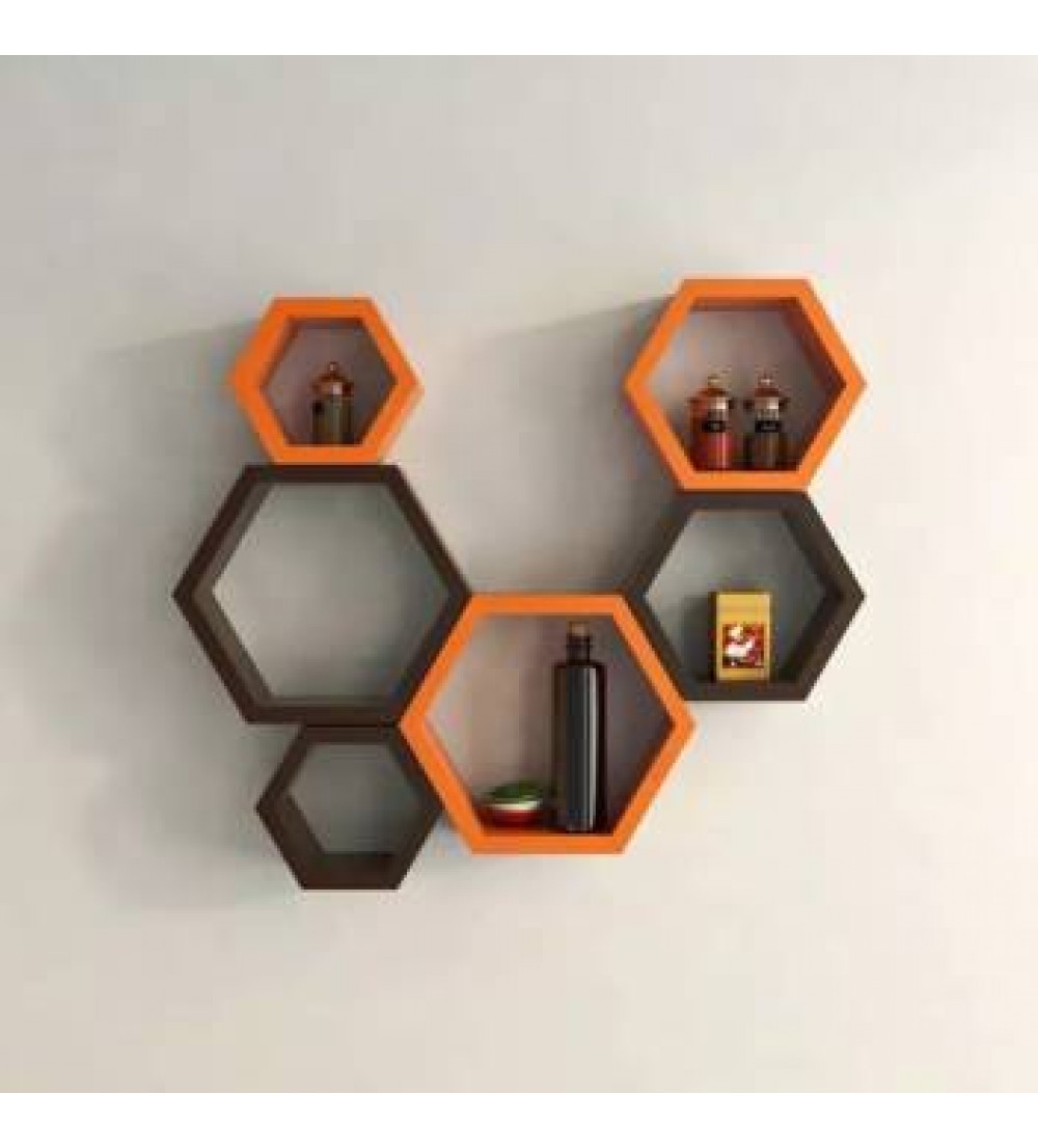 Onlineshoppee Hexagonal MDF (Medium Density Fiber) Wall Shelf  (Number of Shelves - 6, Brown, Orange)