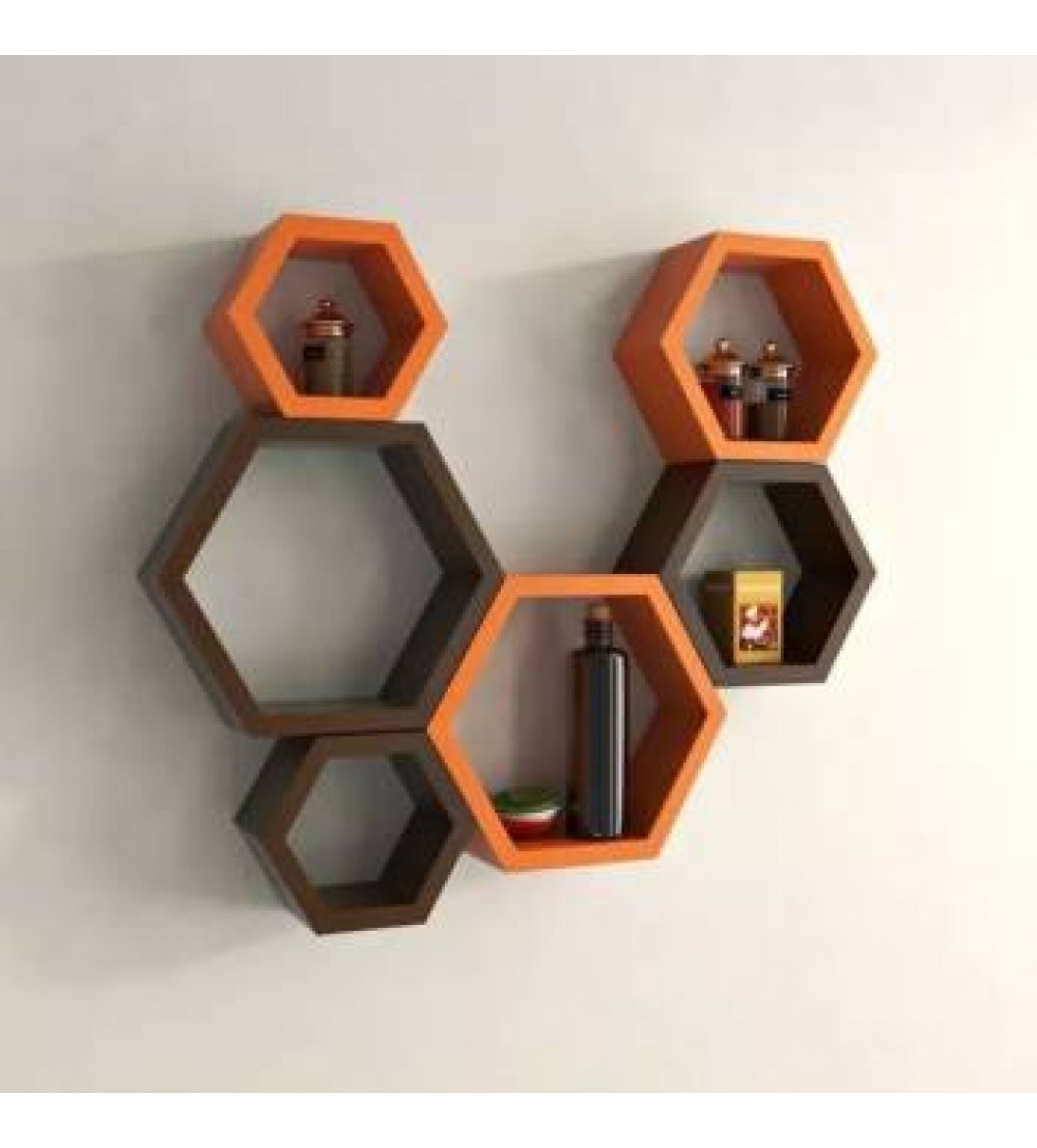 Onlineshoppee Hexagonal MDF (Medium Density Fiber) Wall Shelf  (Number of Shelves - 6, Brown, Orange)