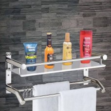 Plantex High Grade Stainless Steel Multipurpose 2 Tier Bathroom Shelf with Towel Holder/Towel Hooks/Bathroom Accessories Wall-Mount (Silver) Stainless Steel Wall Shelf  (Number of Shelves - 1)