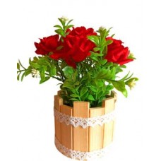 THE FLORAL STUDIO Bonsai Rose Red Rose Artificial Flower with Pot  (8.5 inch, Pack of 7)