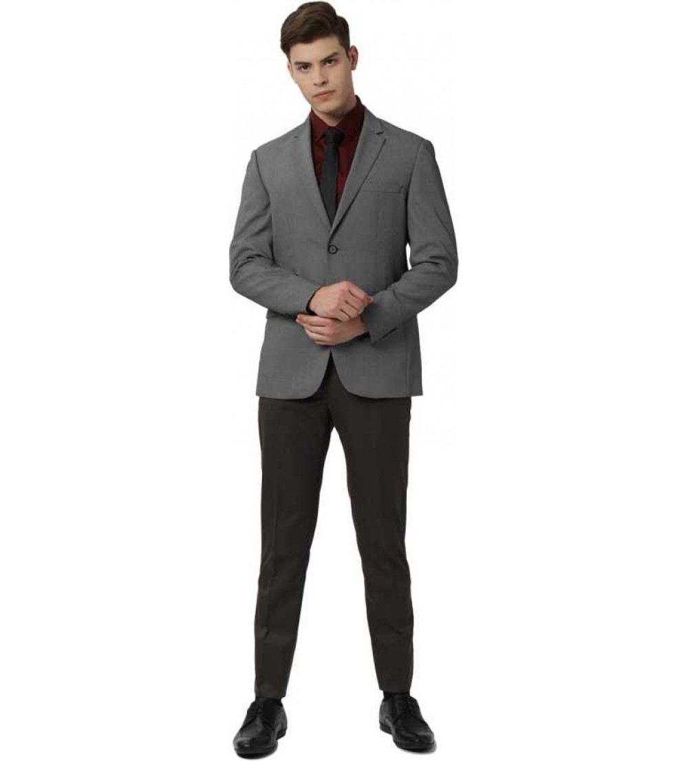 Peter England  Solid Single Breasted Formal Men Blazer  (Grey)