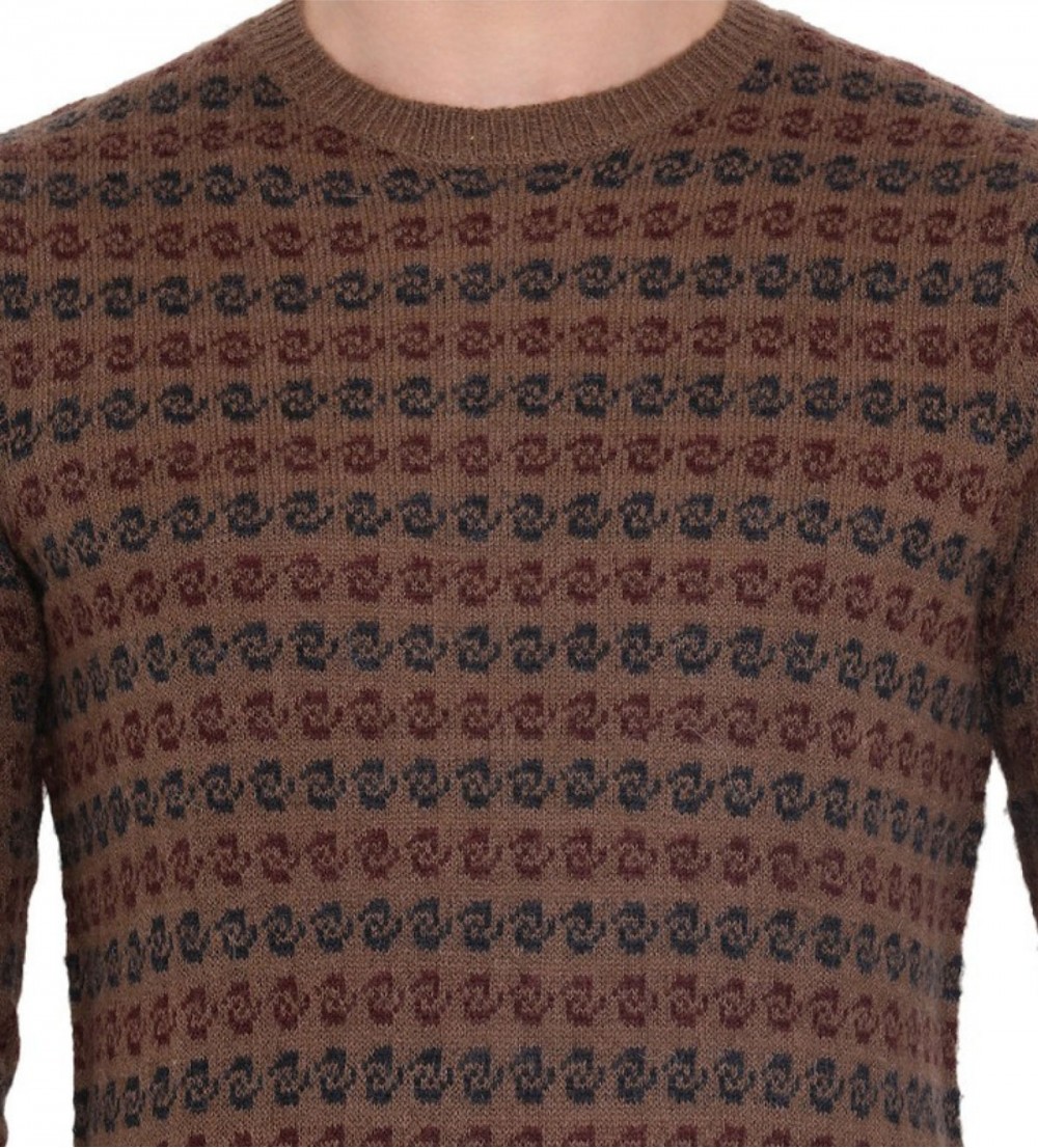 Printed, Self Design Round Neck Casual Men Brown Sweater