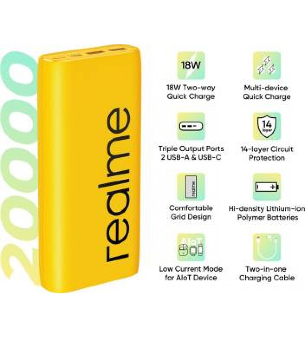 realme 20000 mAh Power Bank (Quick Charge 2.0, Power Delivery 2.0, 18 W)  (Yellow, Lithium Polymer)